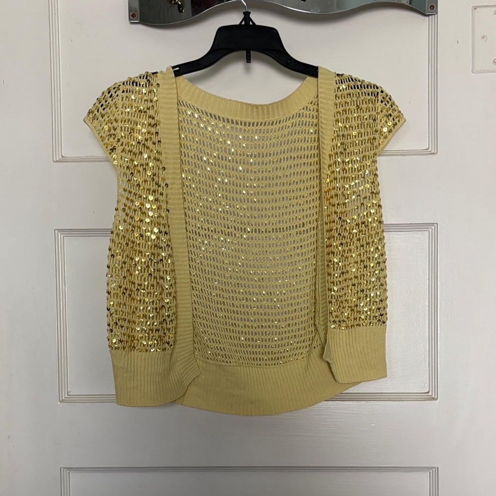 Necessary Objects Yellow Sequin Open Cardigan Vest Size S